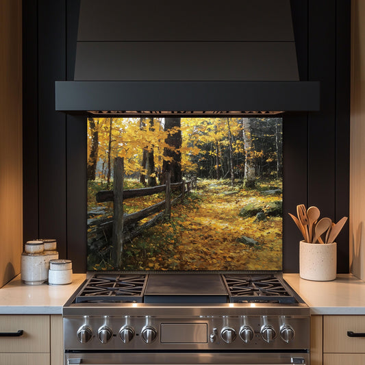 Autumn Forest Path Tempered Glass Kitchen Backsplash - Rustic Fence