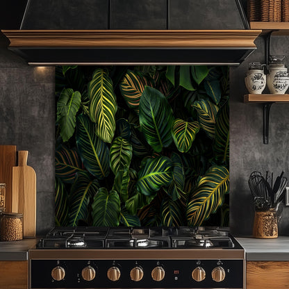 Tropical Jungle Leaf Tempered Glass Backsplash: Botanical Kitchen Wall Panel