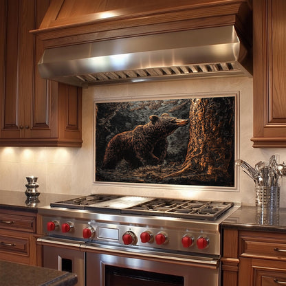 Bear-themed backsplash, tempered glass panel, nature kitchen wall art, heat-resistant splashback, easy to clean wall protector, modern kitchen accent, artistic backsplash, stove protector, rustic kitchen decor