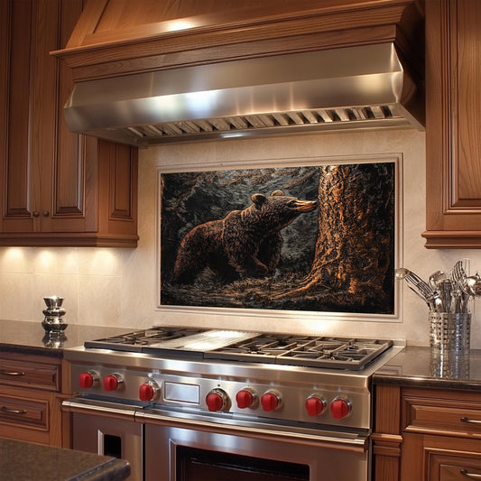 Bear-themed backsplash, tempered glass panel, nature kitchen wall art, heat-resistant splashback, easy to clean wall protector, modern kitchen accent, artistic backsplash, stove protector, rustic kitchen decor