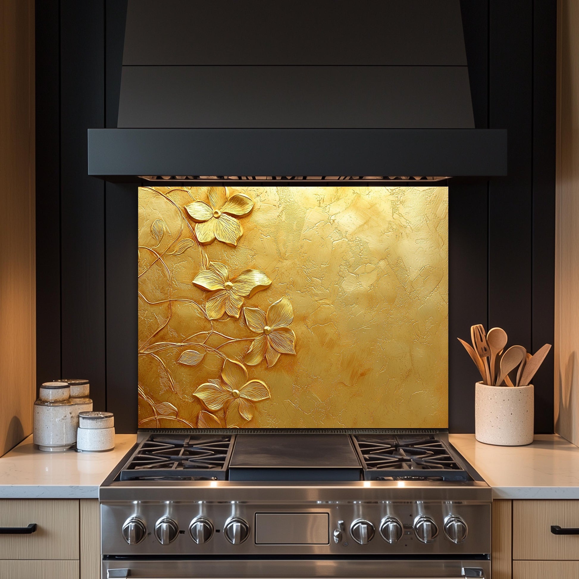 Golden Floral Tempered Glass Backsplash: Rustic Kitchen Decor