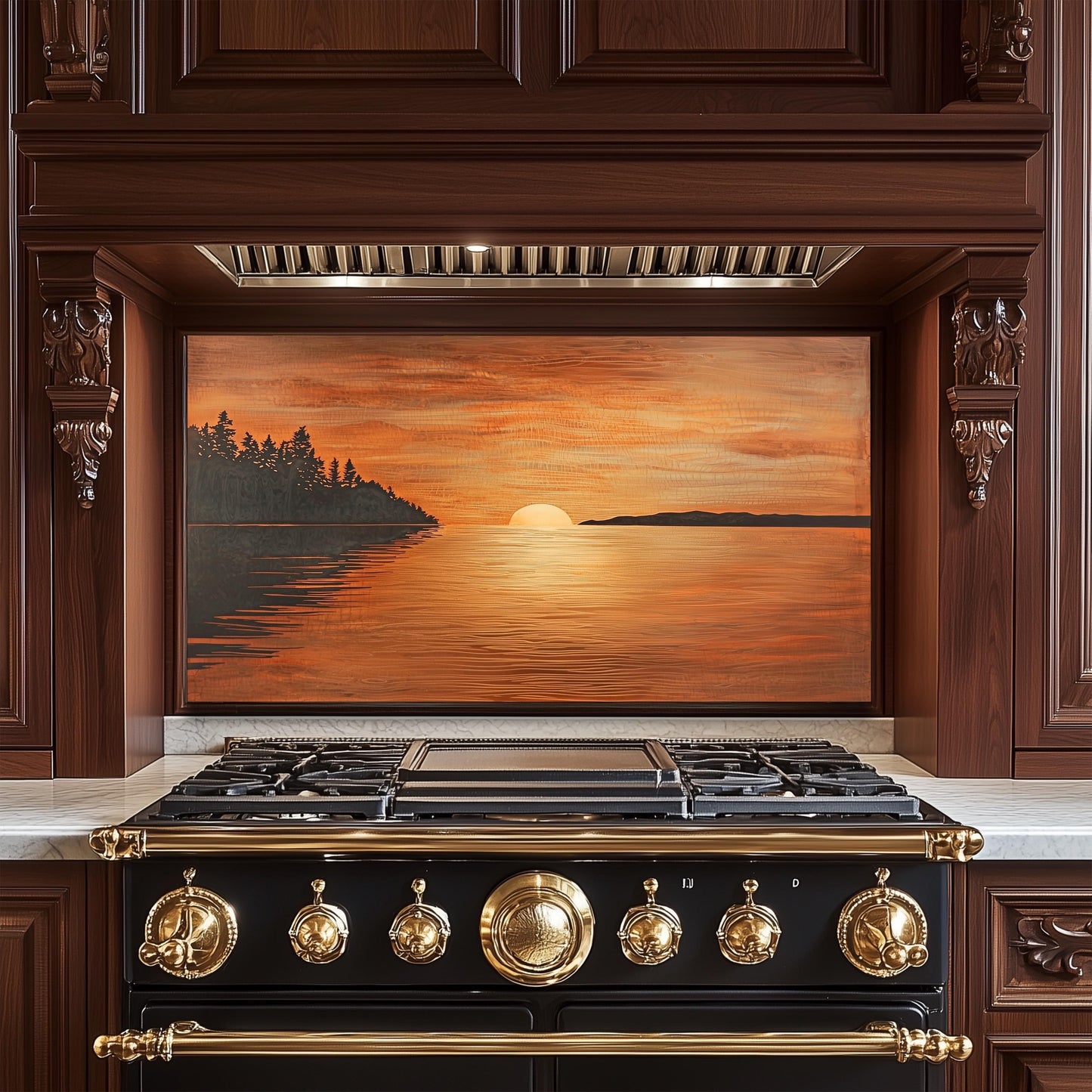 Sunset Ocean Glass Backsplash, Golden Sea Landscape Stove Guard, Heat Resistant Easy Clean Art