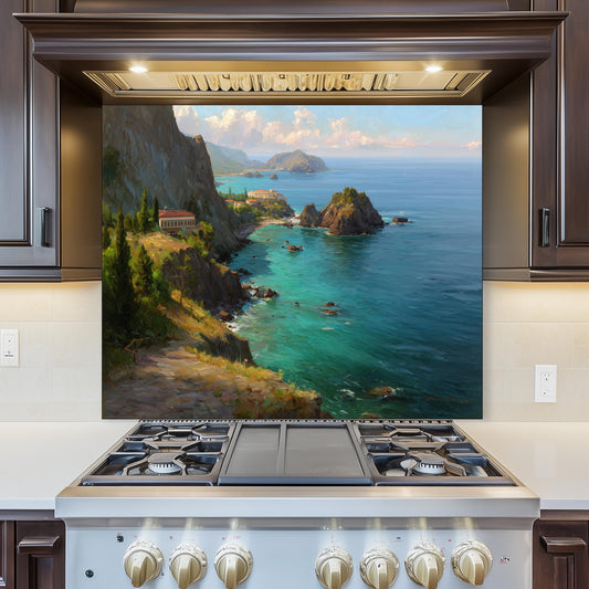 Tempered Glass Coastal Backsplash: Mountain Sunrise Kitchen Wall Art