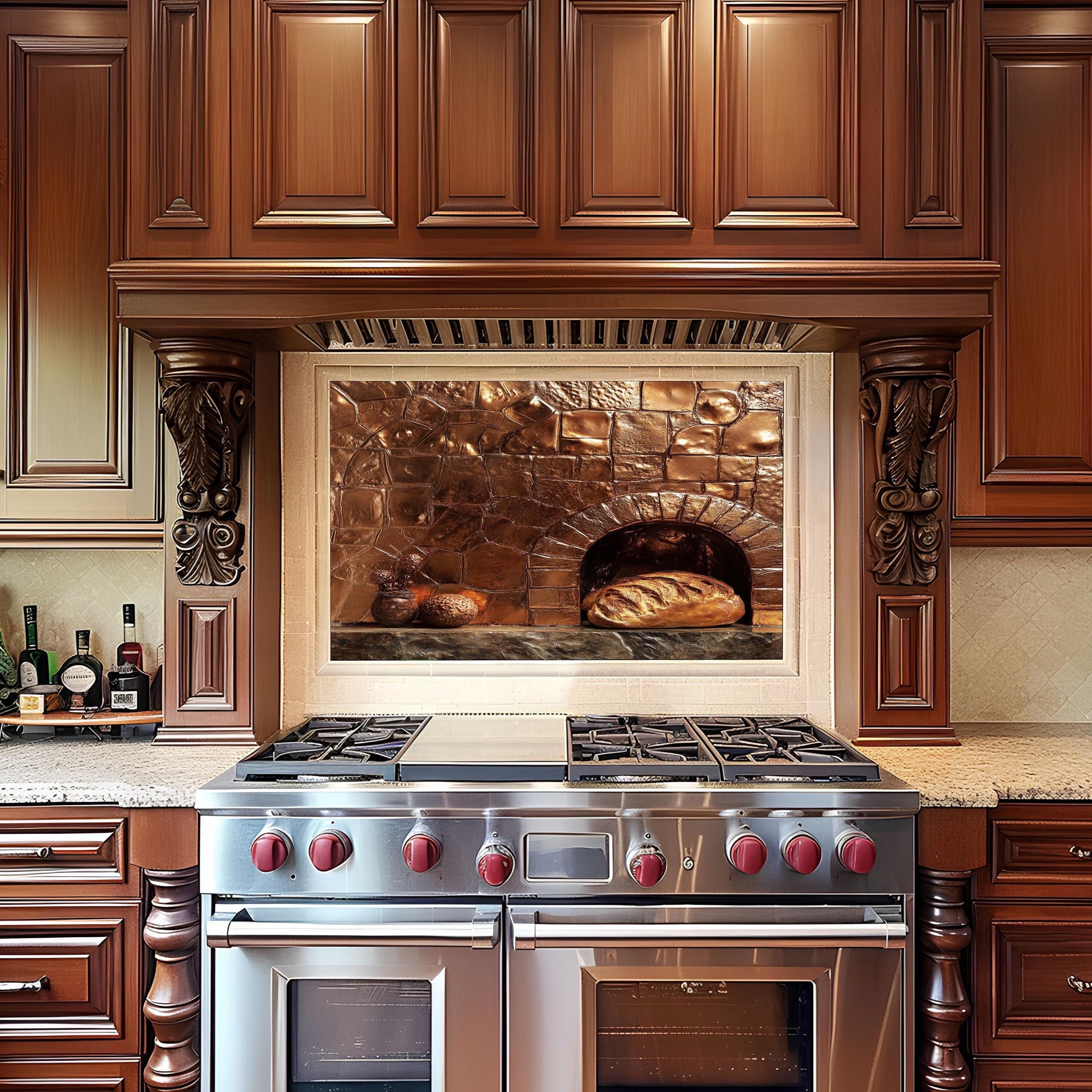 copper stove backsplash, stove behind backsplash