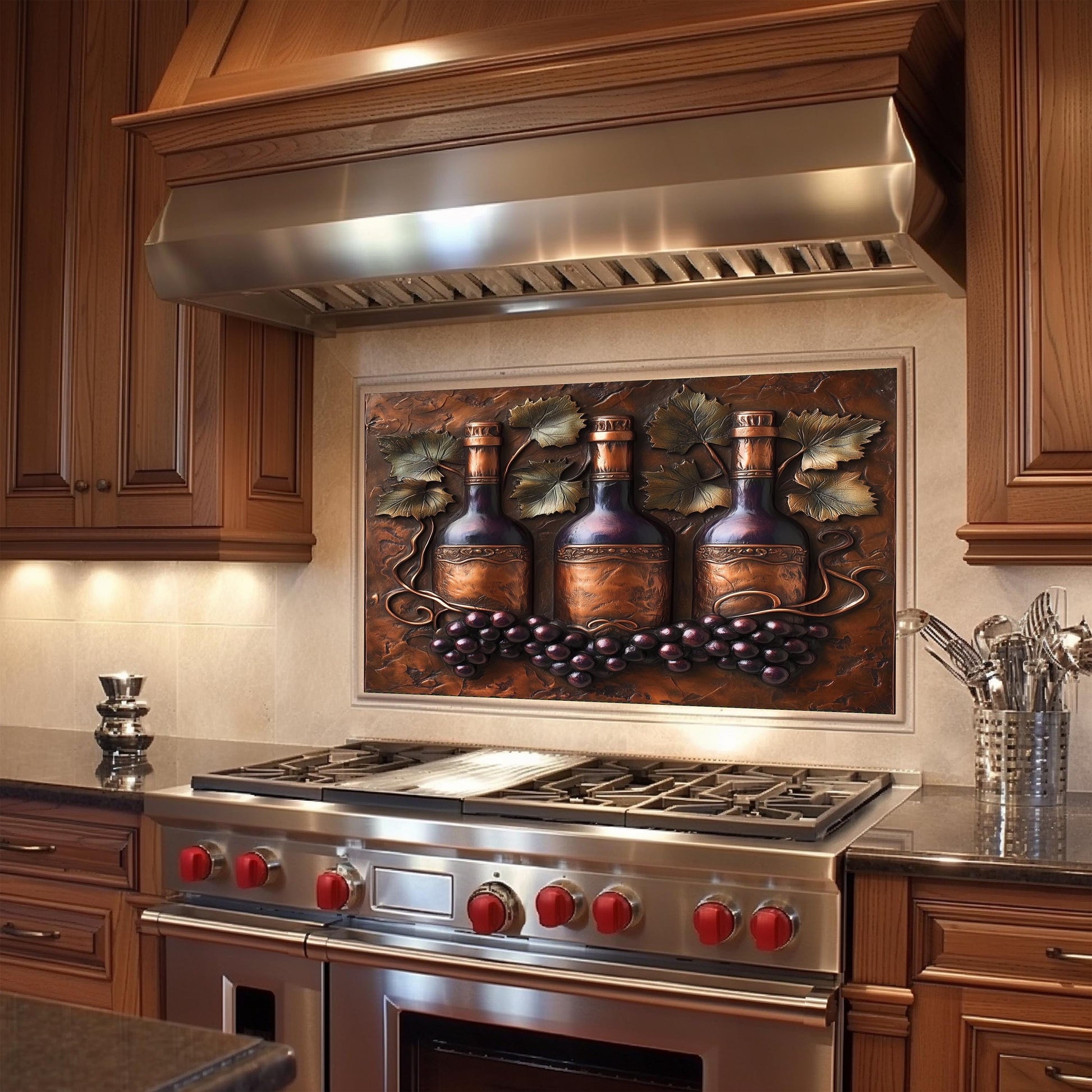 Rustic kitchen backsplash with wine bottle design, crafted from tempered glass with heat-resistant properties. This vineyard-themed wall art is easy to clean, featuring grape clusters and detailed vine leaves,