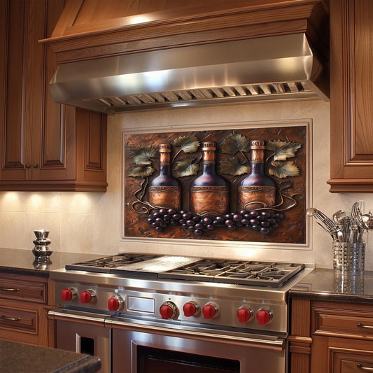 Rustic kitchen backsplash with wine bottle design, crafted from tempered glass with heat-resistant properties. This vineyard-themed wall art is easy to clean, featuring grape clusters and detailed vine leaves,