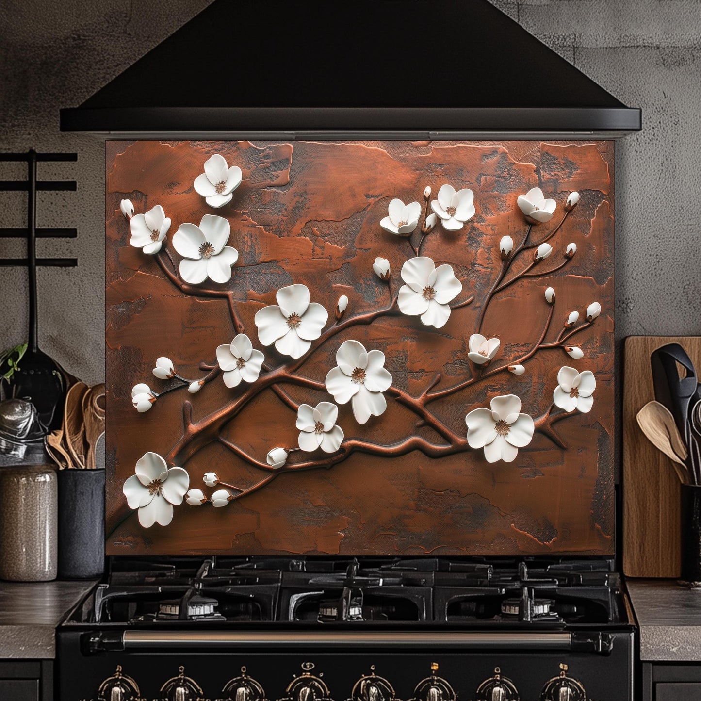 Tempered Glass Kitchen Backsplash: Copper Cherry Blossom Design