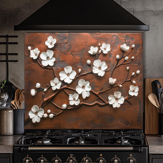 Tempered Glass Kitchen Backsplash: Copper Cherry Blossom Design
