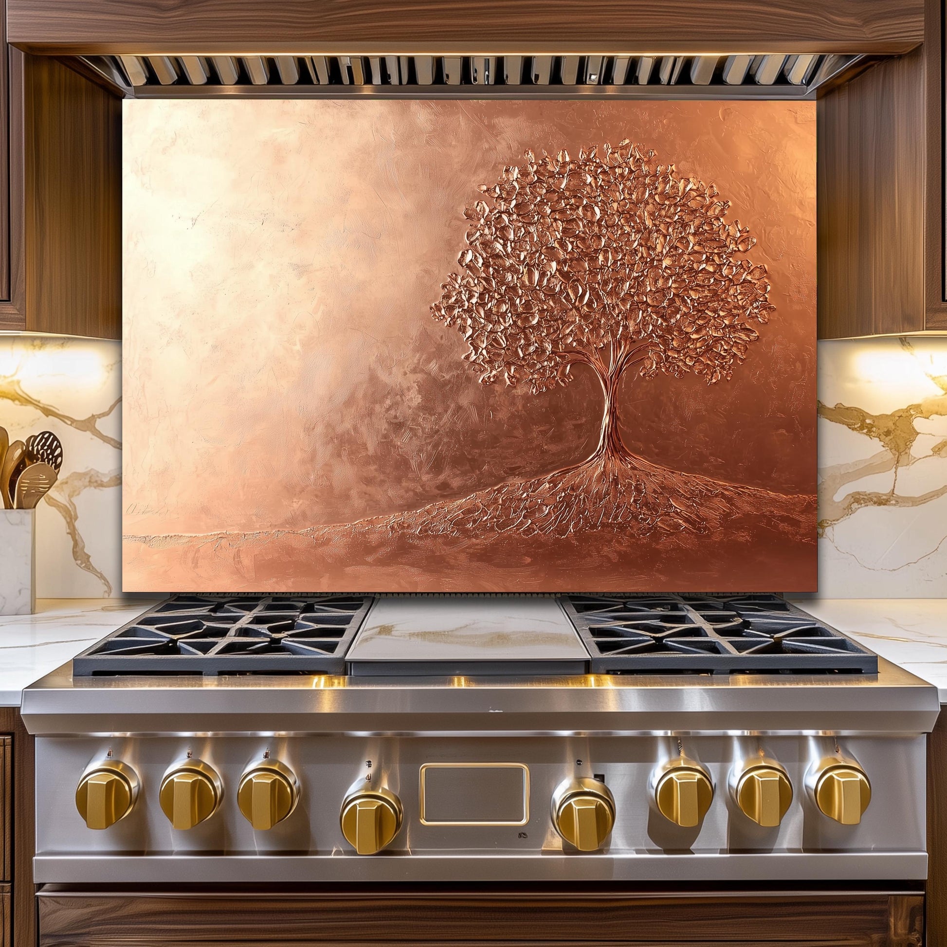 Tree of Life Tempered Glass Backsplash: Rustic Copper Kitchen Panel