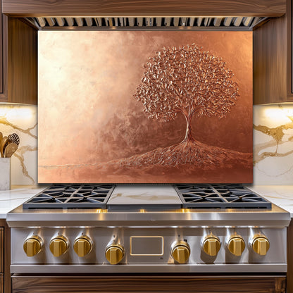 Tree of Life Tempered Glass Backsplash: Rustic Copper Kitchen Panel