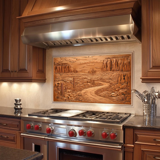 Heat-resistant kitchen backsplash, copper canyon design, tempered glass wall protector, easy clean backsplash panel, rustic kitchen decor, Southwestern kitchen art, stove protector