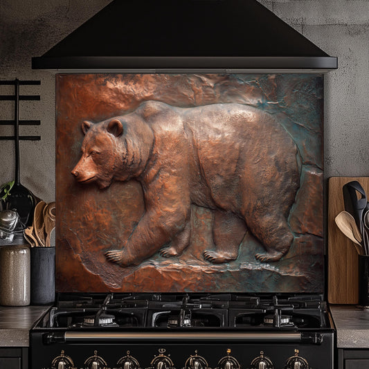 Rustic Copper Bear Backsplash: Tempered Glass Lodge Kitchen Decor