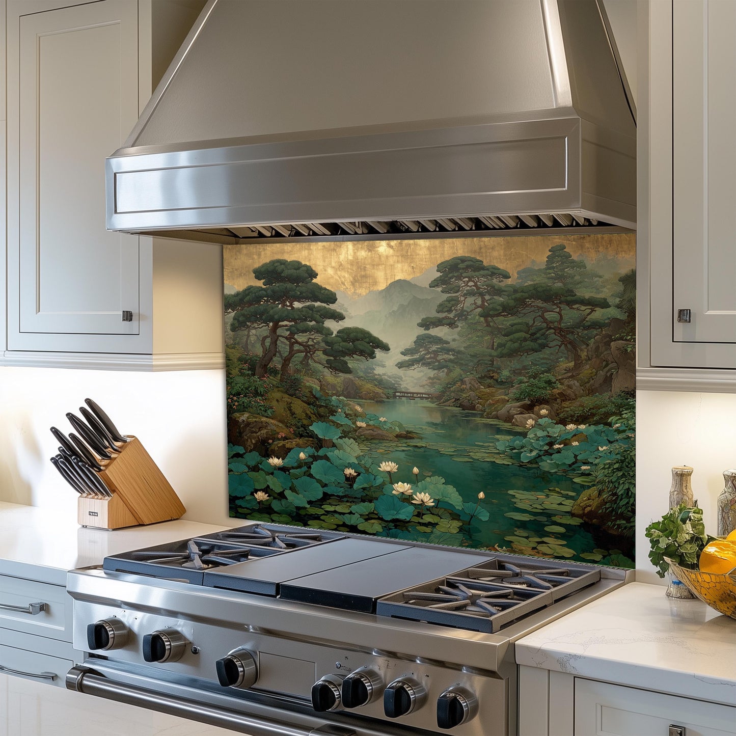 Zen Garden Glass Backsplash, Lotus Pond Kitchen Decor, Japanese Nature Stove Guard, Wall Panel