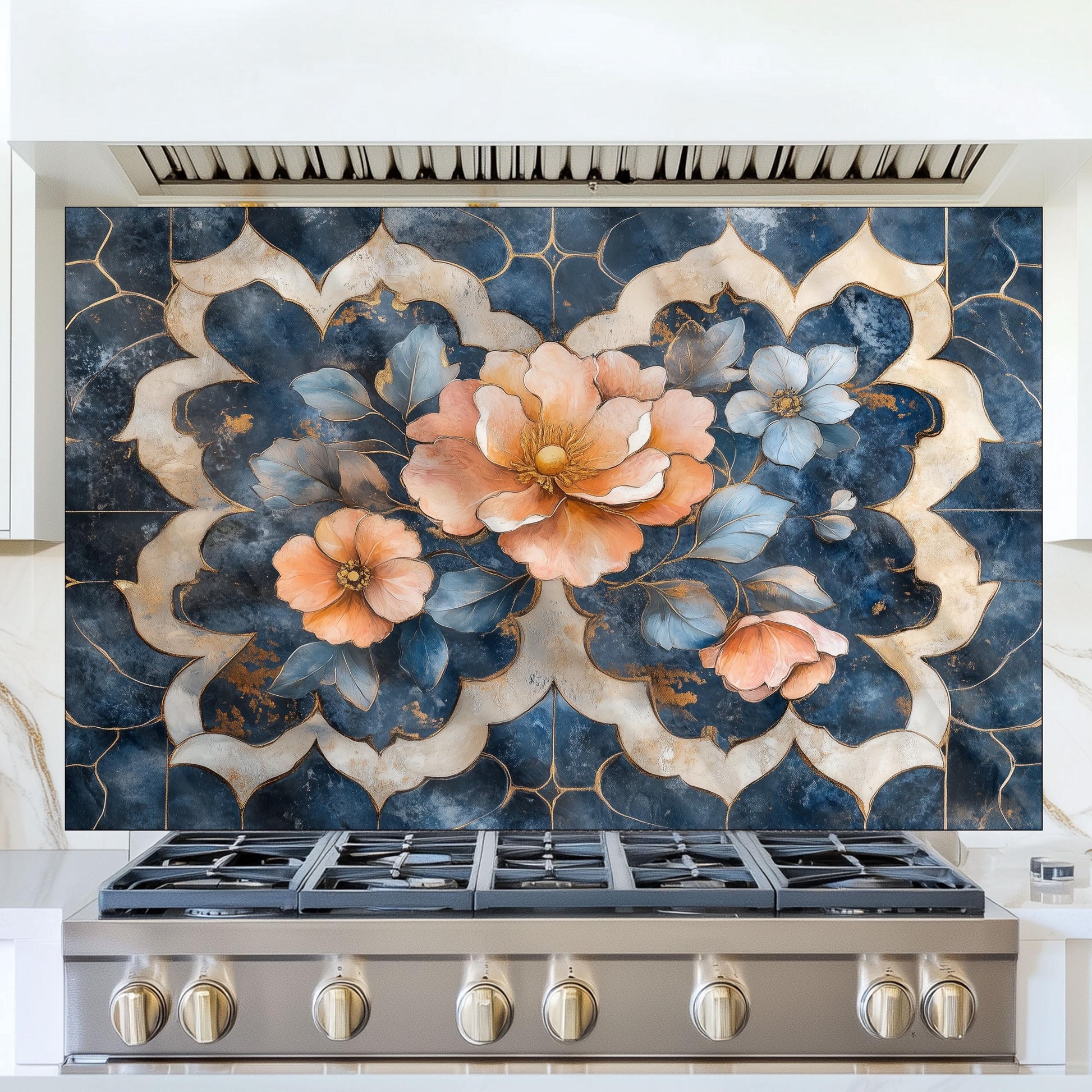 Moroccan Floral Glass Backsplash, Blue Geometric Stove Guard, Heat Resistant Easy Clean Kitchen Art
