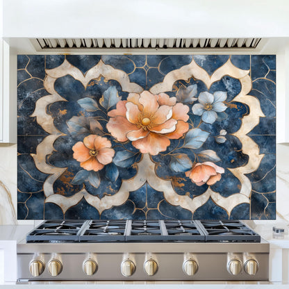 Moroccan Floral Glass Backsplash, Blue Geometric Stove Guard, Heat Resistant Easy Clean Kitchen Art