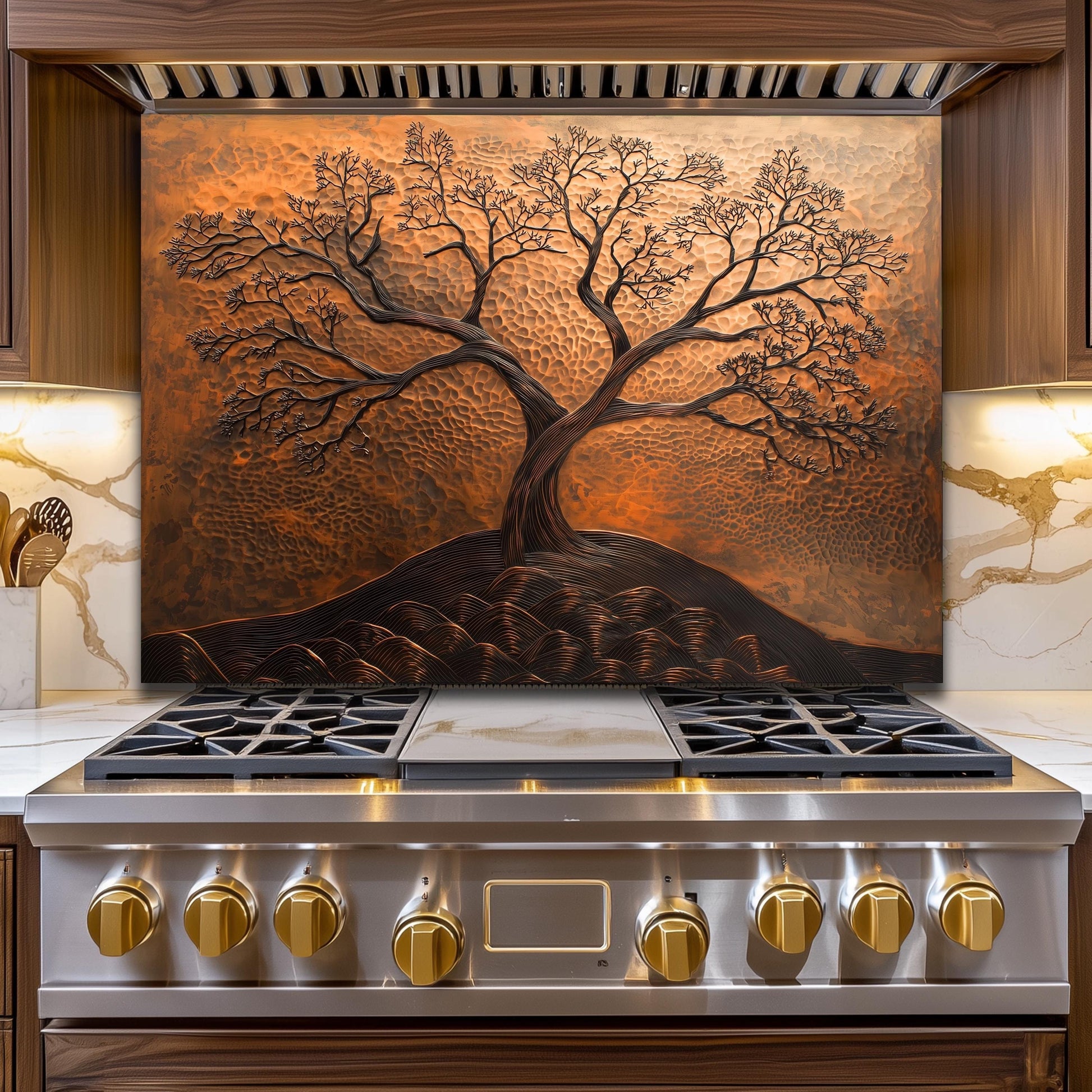 Tree of Life Tempered Glass Kitchen Backsplash: Copper Effect