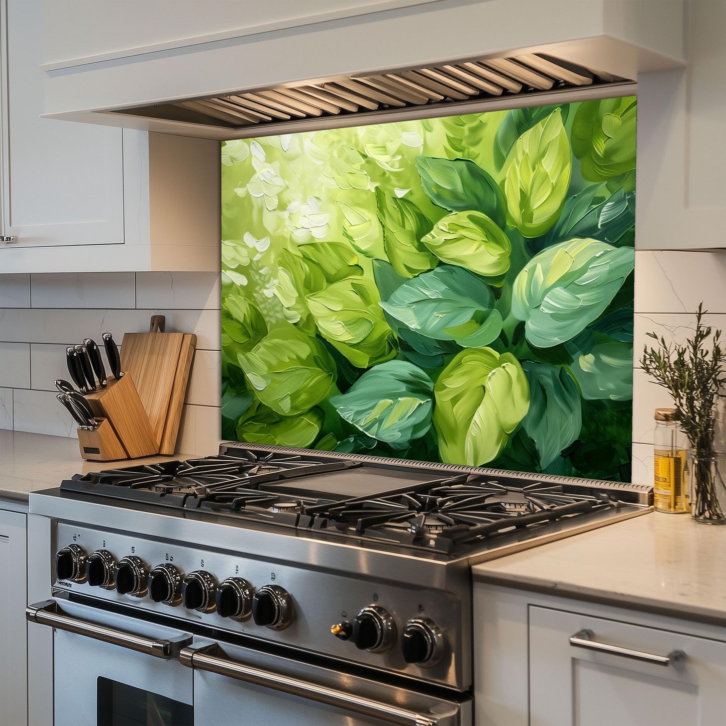 Green Leaf Glass Backsplash, Botanical Nature Stove Guard, Custom Size Kitchen Art