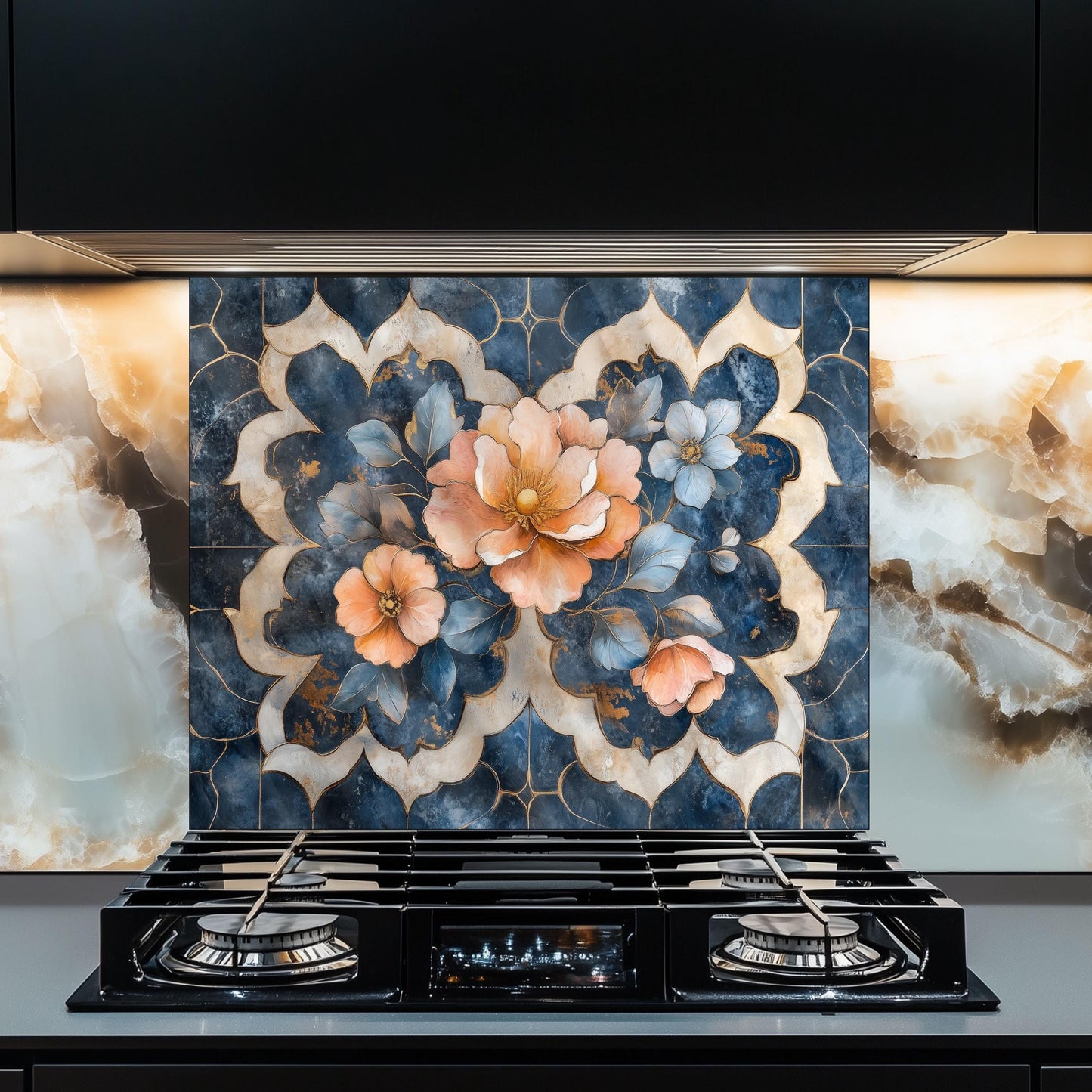 Moroccan Floral Glass Backsplash, Blue Geometric Stove Guard, Heat Resistant Easy Clean Kitchen Art