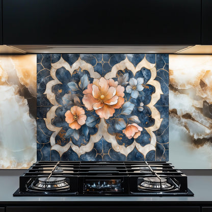 Moroccan Floral Glass Backsplash, Blue Geometric Stove Guard, Heat Resistant Easy Clean Kitchen Art
