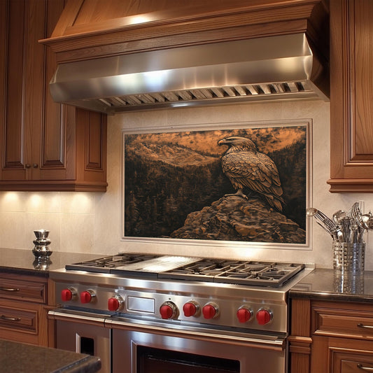 Heat-resistant Bald Eagle backsplash, copper effect mountain design, easy clean kitchen wall protector, wildlife kitchen decor, rustic wall art, stove backsplash, American eagle kitchen decor