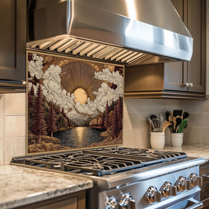 Tempered Glass Kitchen Backsplash: Mountain Sunrise Landscape, Heat-Resistant