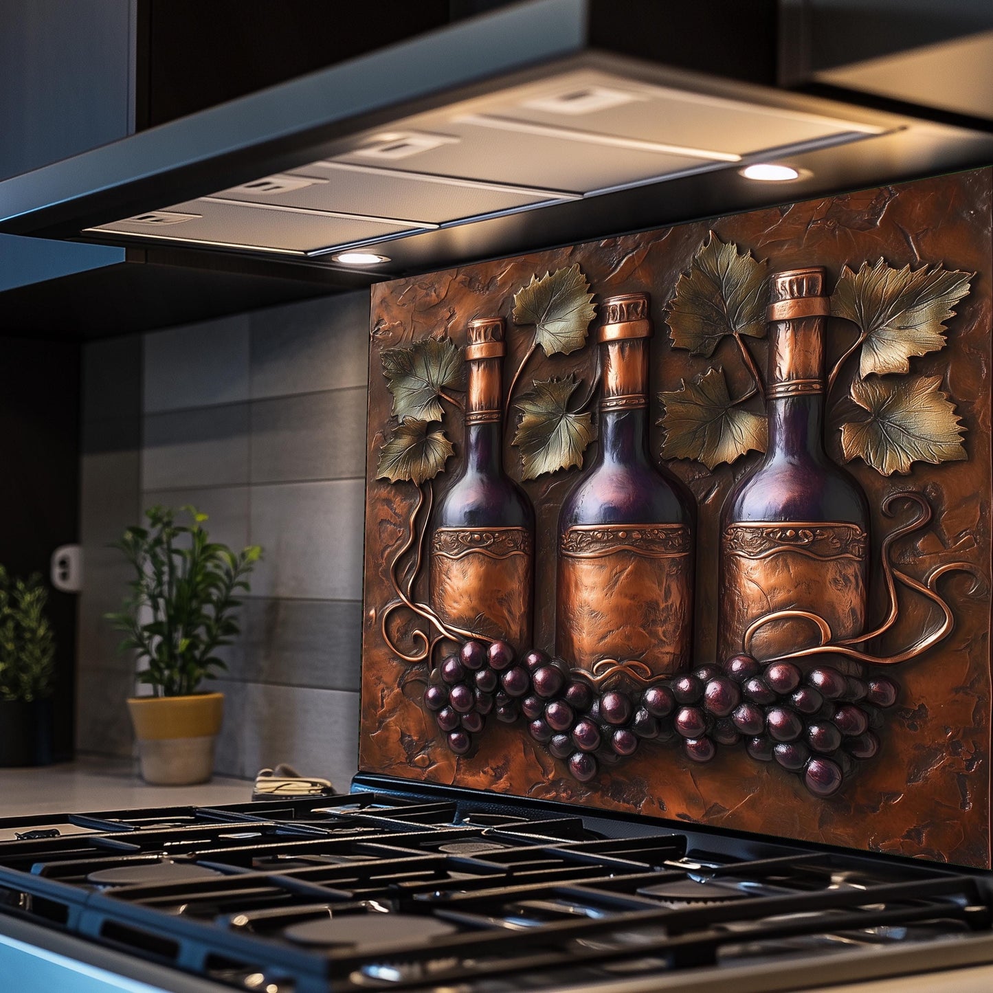 Farmhouse-style tempered glass backsplash with vineyard theme, featuring wine bottles surrounded by grape clusters and leaves. Heat-resistant and easy to clean, this rustic kitchen wall protector brings an elegant
