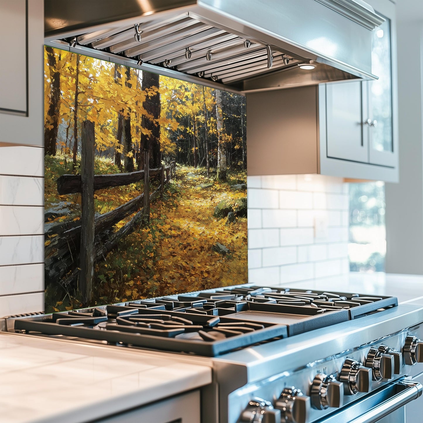 Autumn Forest Path Tempered Glass Kitchen Backsplash - Rustic Fence