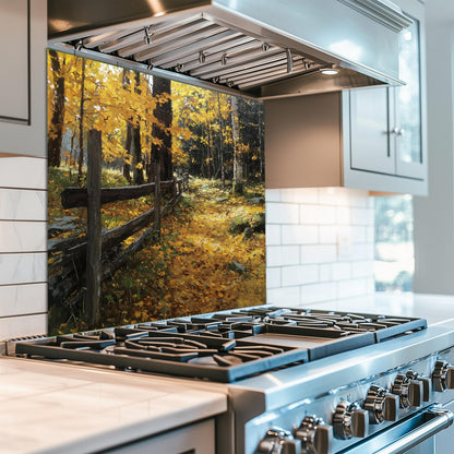 Autumn Forest Path Tempered Glass Kitchen Backsplash - Rustic Fence
