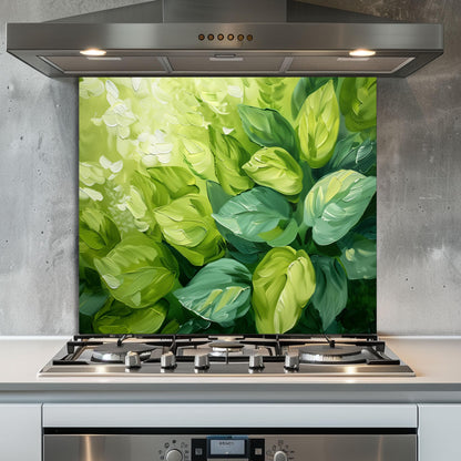 Green Leaf Glass Backsplash, Botanical Nature Stove Guard, Custom Size Kitchen Art