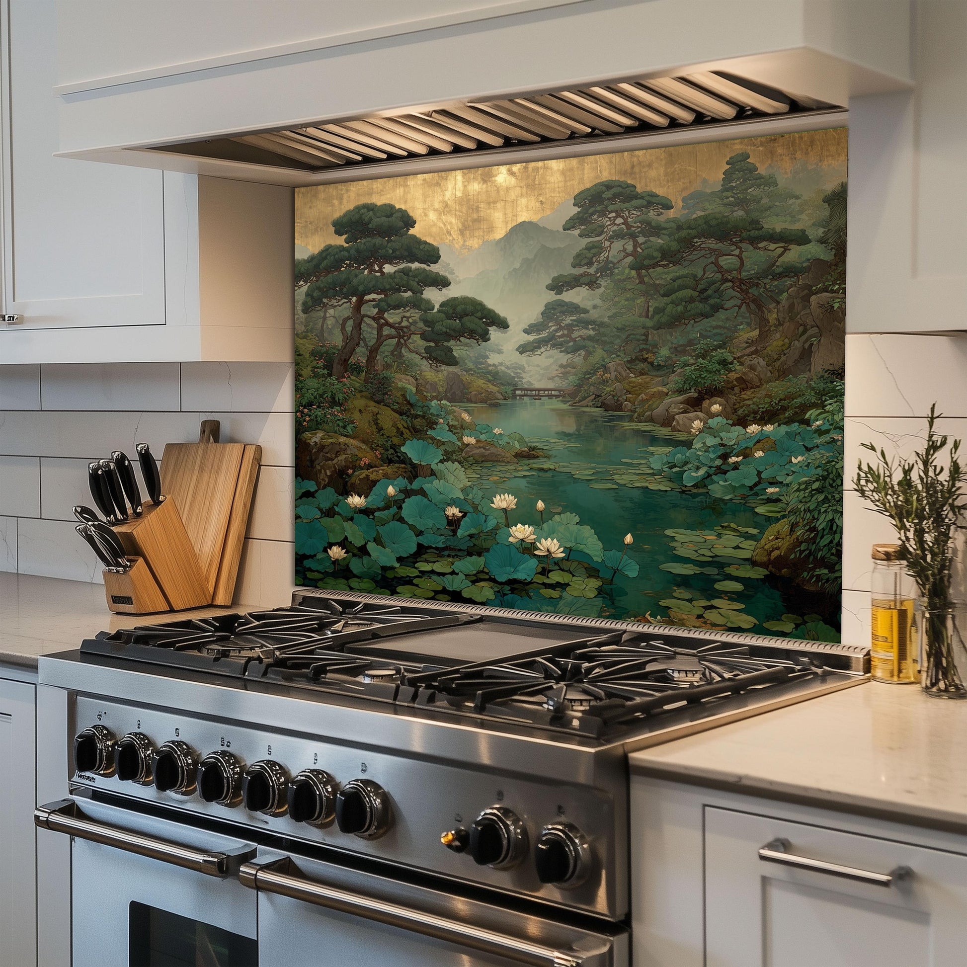 Zen Garden Glass Backsplash, Lotus Pond Kitchen Decor, Japanese Nature Stove Guard, Wall Panel