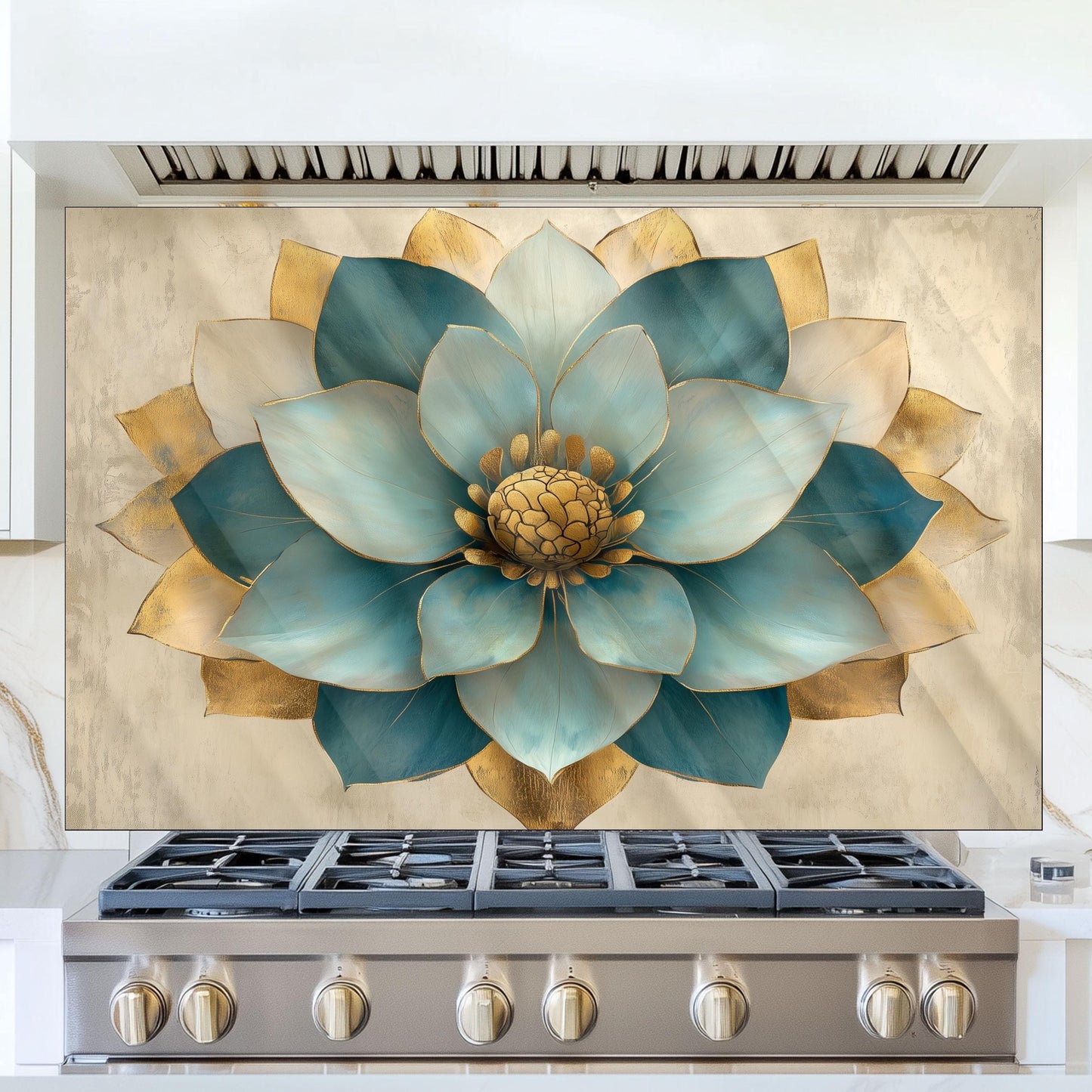 Moroccan Floral Glass Backsplash, Blue Geometric Stove Guard, Heat Resistant Easy Clean Kitchen Art