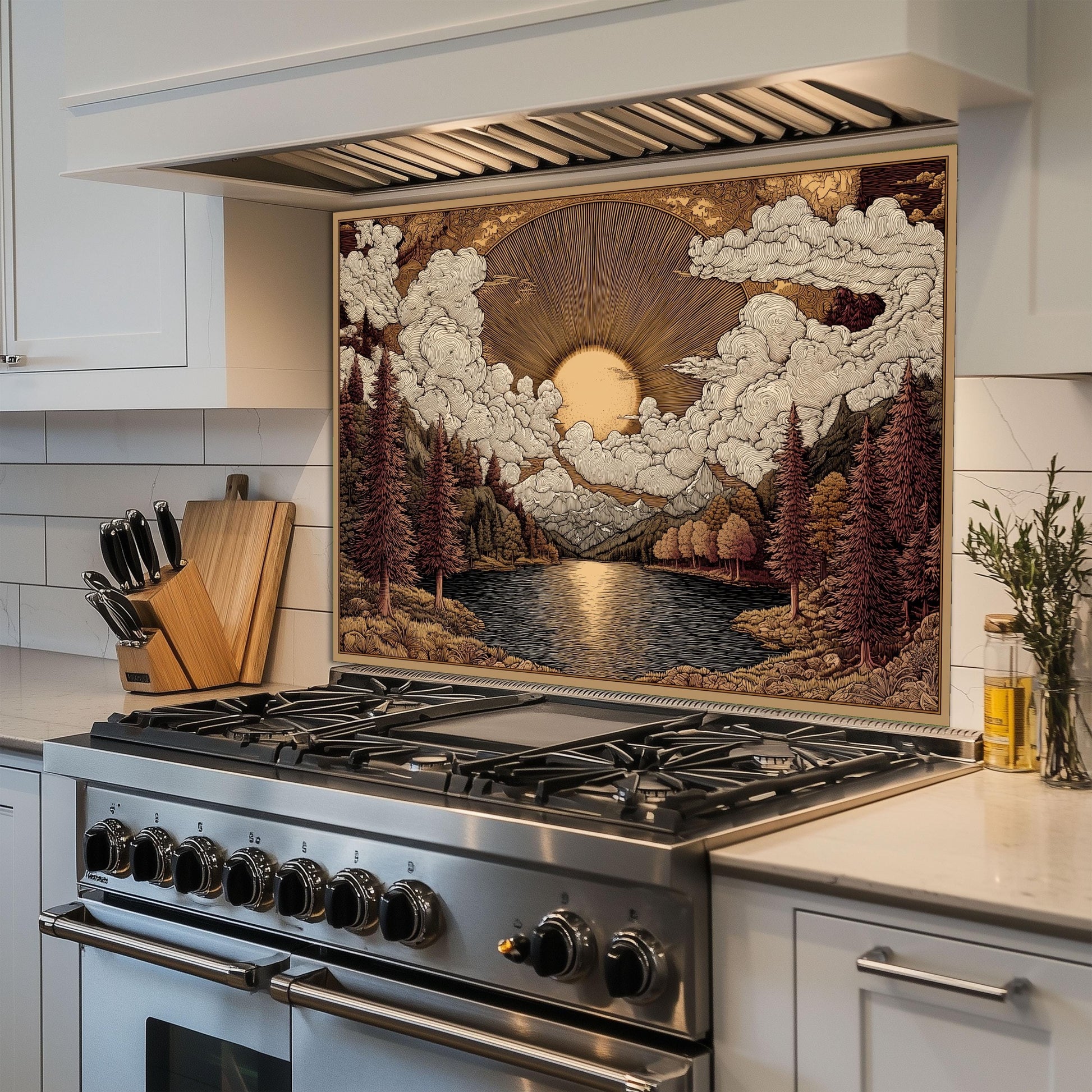 Tempered Glass Kitchen Backsplash: Mountain Sunrise Landscape, Heat-Resistant