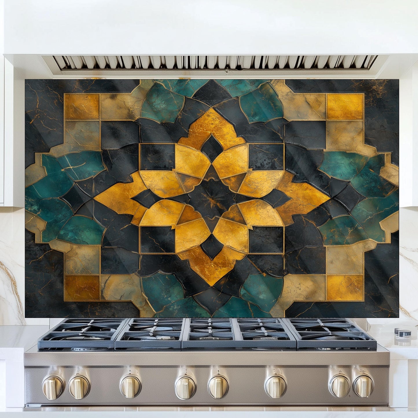 Moroccan Style Glass Backsplash, Floral Medallion Stove Guard, Heat Resistant Easy Clean Kitchen Art