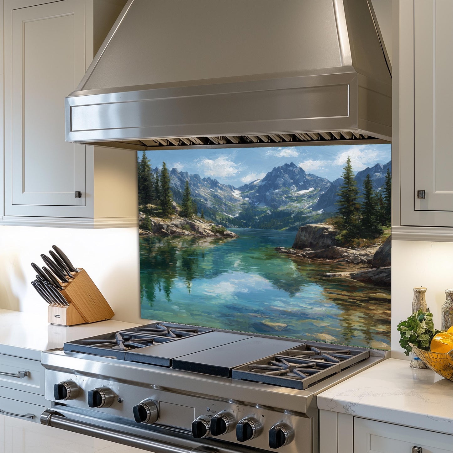 Mountain Lake Reflection Kitchen Backsplash, UV Printed Tempered Glass, Custom Size Design