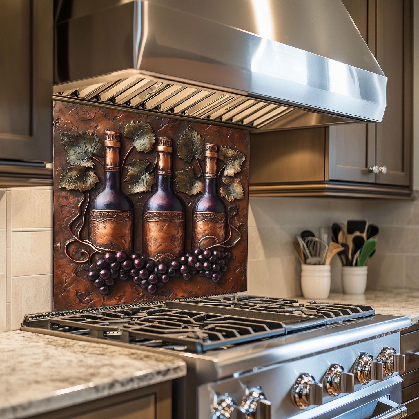 Elegant vineyard-inspired backsplash with wine bottle and grapevine design, crafted from durable tempered glass. This heat-resistant wall protector adds a touch of rustic sophistication, perfect for farmhouse kitchens