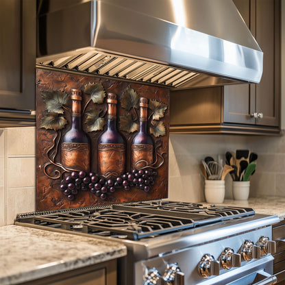 Elegant vineyard-inspired backsplash with wine bottle and grapevine design, crafted from durable tempered glass. This heat-resistant wall protector adds a touch of rustic sophistication, perfect for farmhouse kitchens