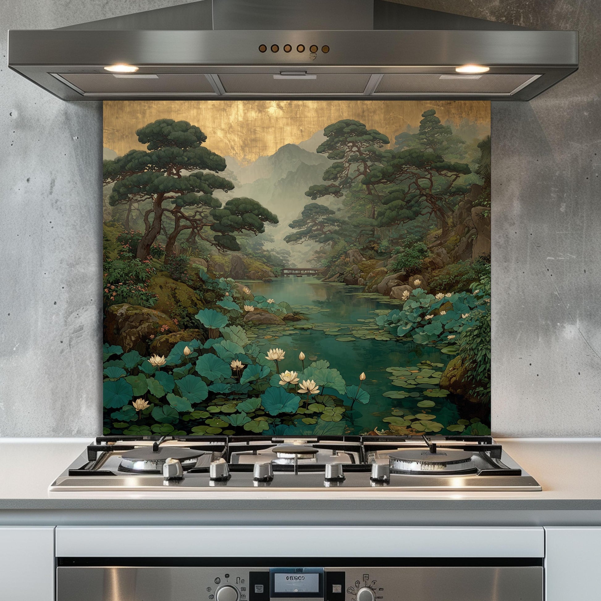 Zen Garden Glass Backsplash, Lotus Pond Kitchen Decor, Japanese Nature Stove Guard, Wall Panel
