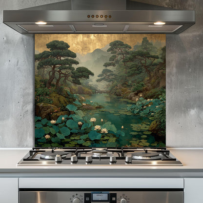 Zen Garden Glass Backsplash, Lotus Pond Kitchen Decor, Japanese Nature Stove Guard, Wall Panel