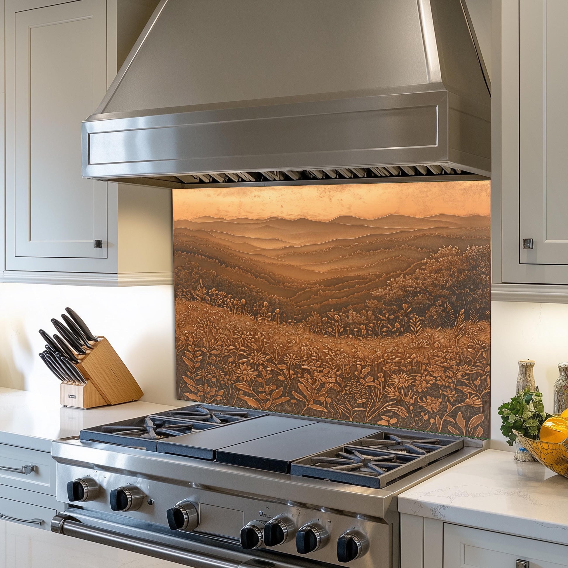 Copper effect kitchen backsplash, mountain and wildflower design, heat-resistant tempered glass, easy clean kitchen protector, rustic kitchen wall decor, nature-inspired art, stove backsplash
