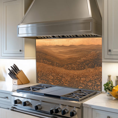 Copper effect kitchen backsplash, mountain and wildflower design, heat-resistant tempered glass, easy clean kitchen protector, rustic kitchen wall decor, nature-inspired art, stove backsplash