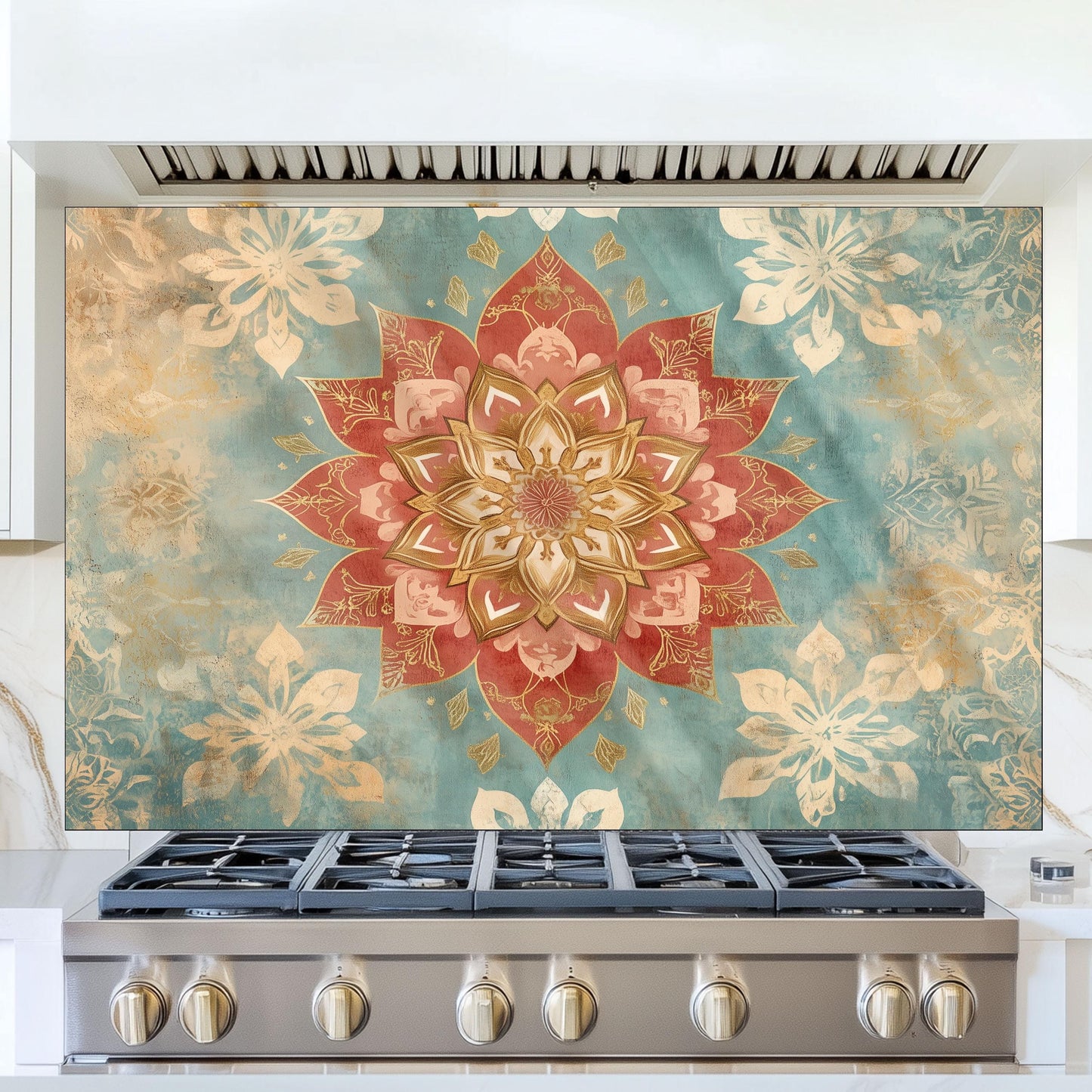 Moroccan Style Glass Backsplash, Blue Floral Stove Guard, Heat Resistant Easy Clean Kitchen Art
