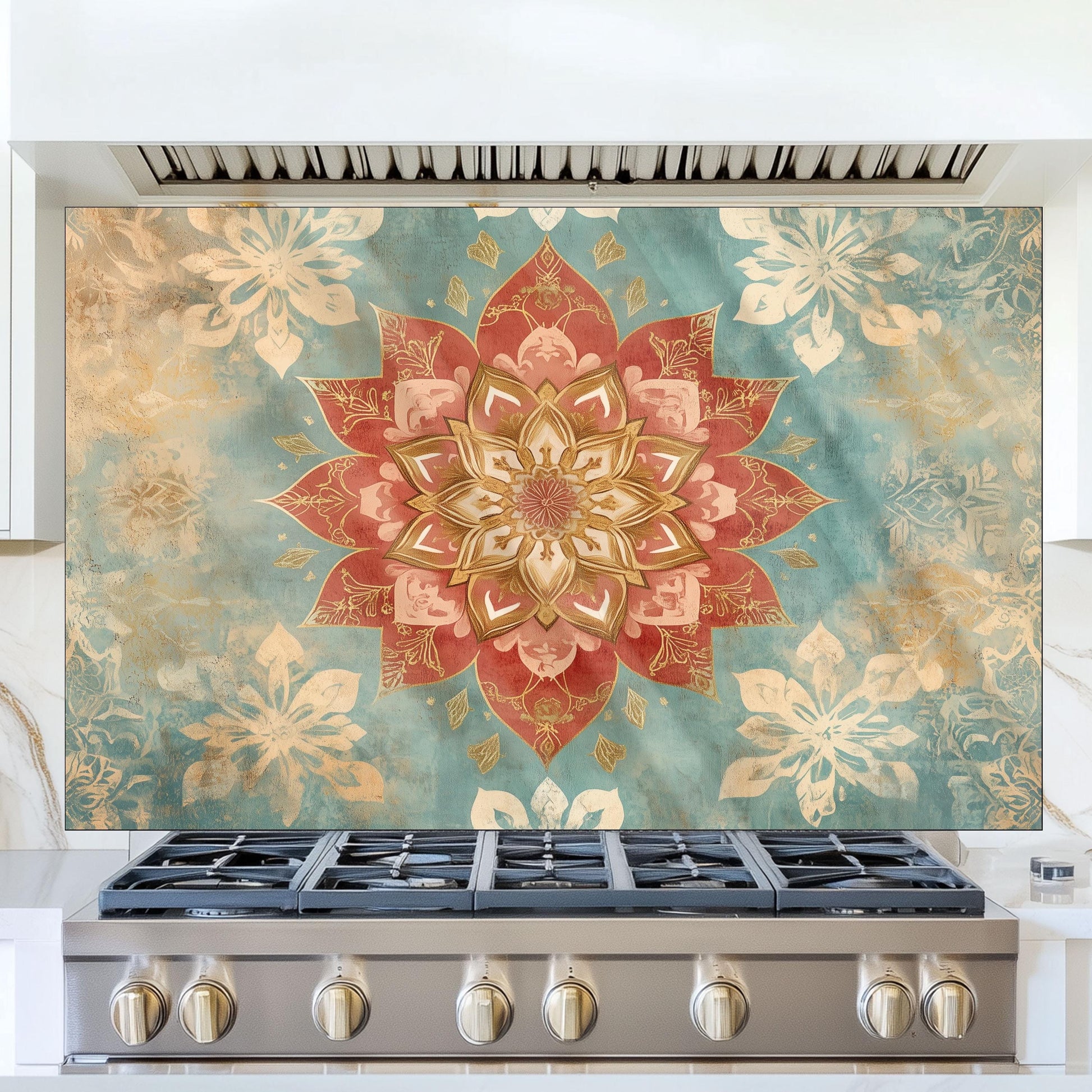Moroccan Style Glass Backsplash, Blue Floral Stove Guard, Heat Resistant Easy Clean Kitchen Art