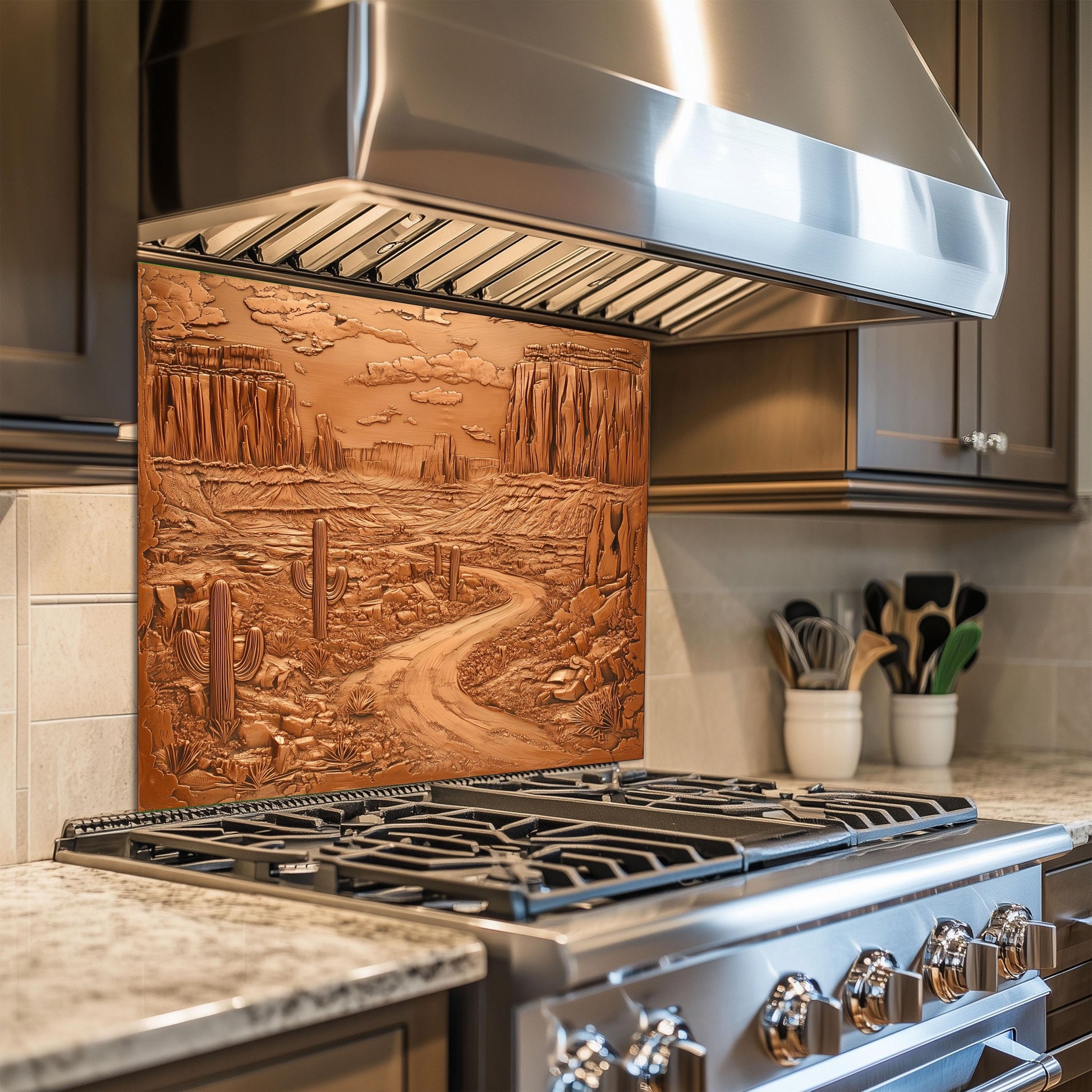 Rustic canyon backsplash, copper effect tempered glass, heat-resistant wall protector, easy clean kitchen panel, stove wall protector, desert kitchen design, Southwestern-inspired decor