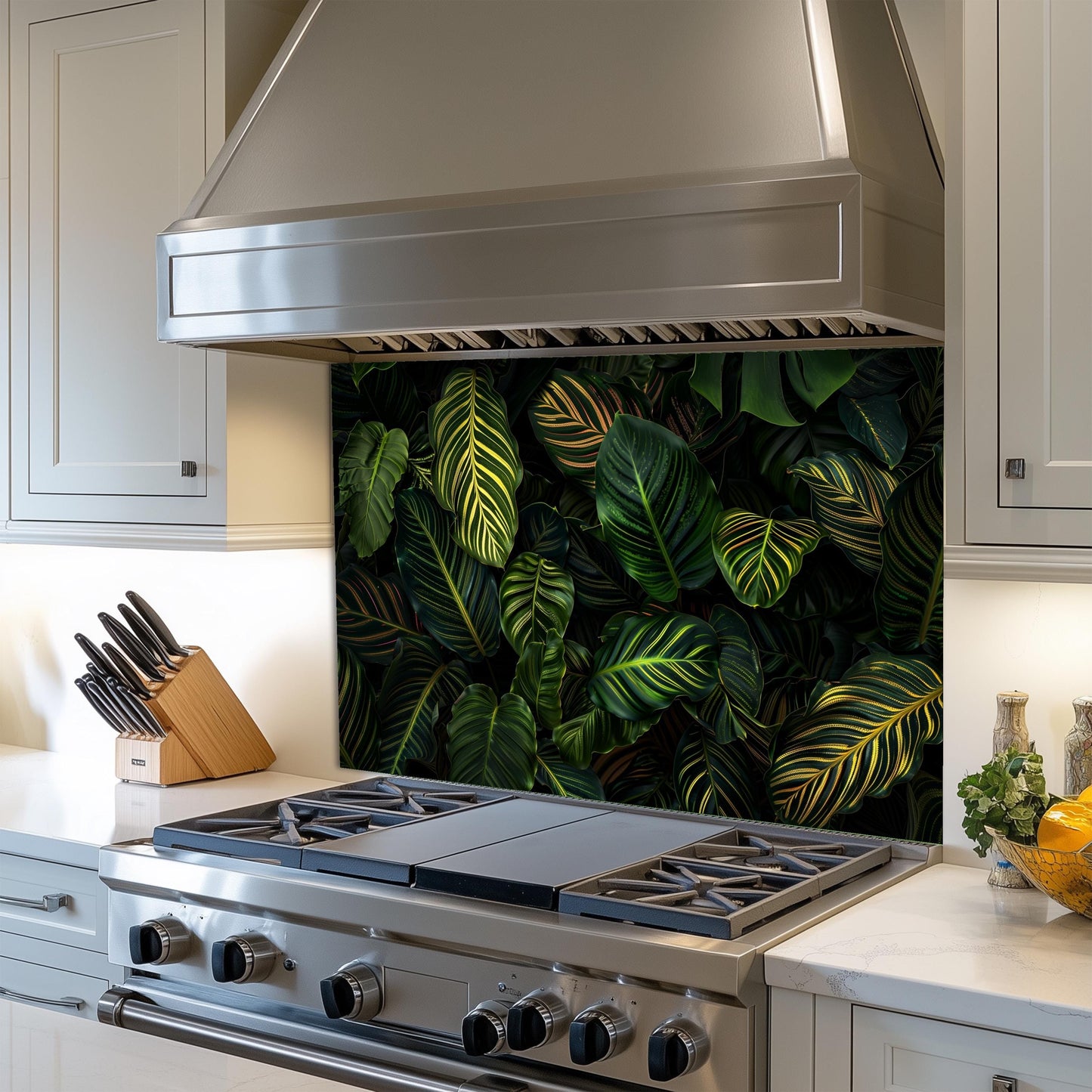 Tropical Jungle Leaf Tempered Glass Backsplash: Botanical Kitchen Wall Panel