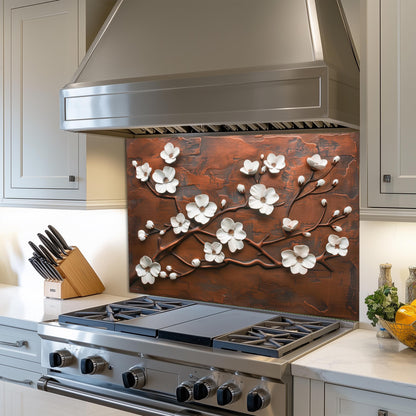 Tempered Glass Kitchen Backsplash: Copper Cherry Blossom Design