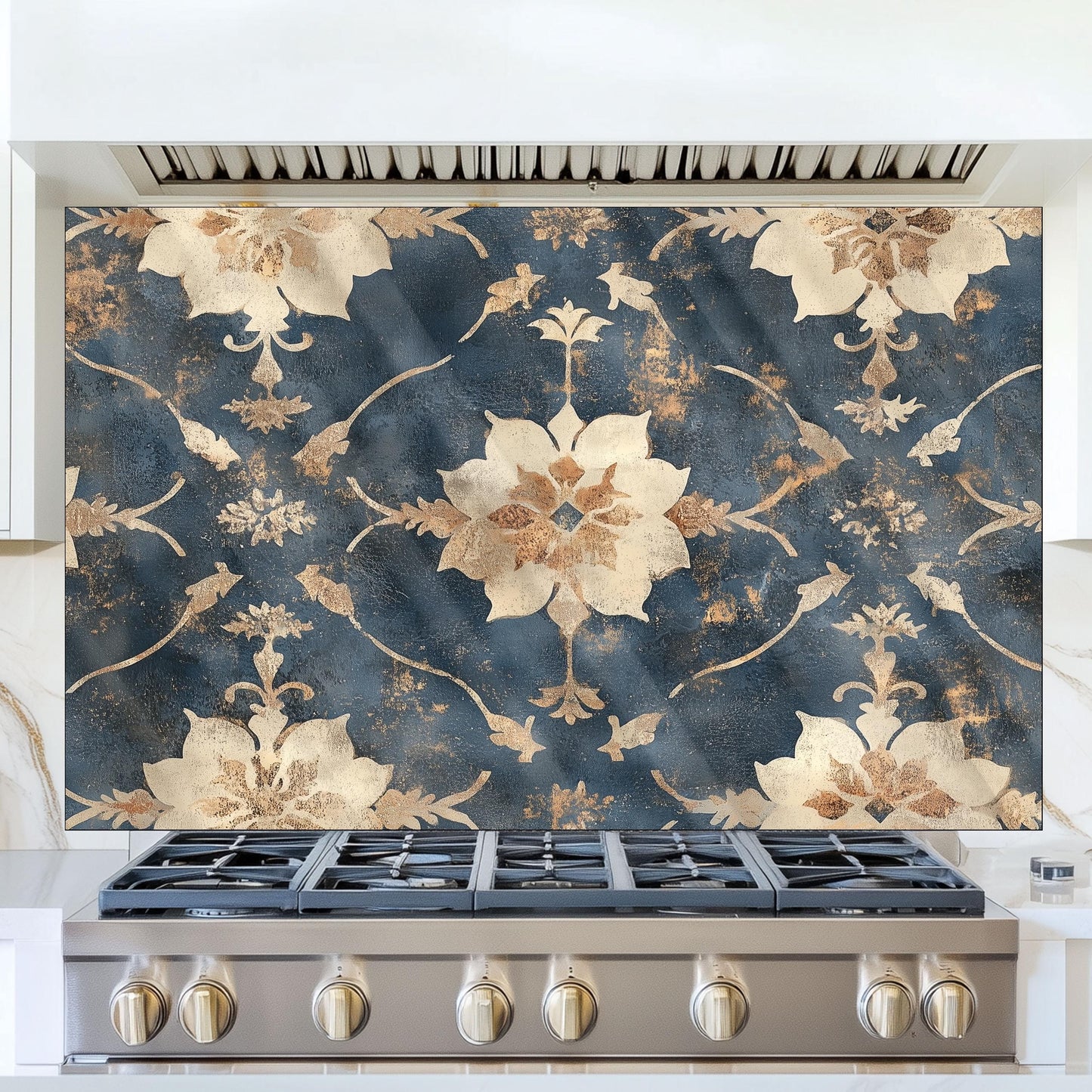 Moroccan Style Glass Backsplash, Blue Geometric Stove Guard, Heat Resistant Easy Clean Kitchen Art