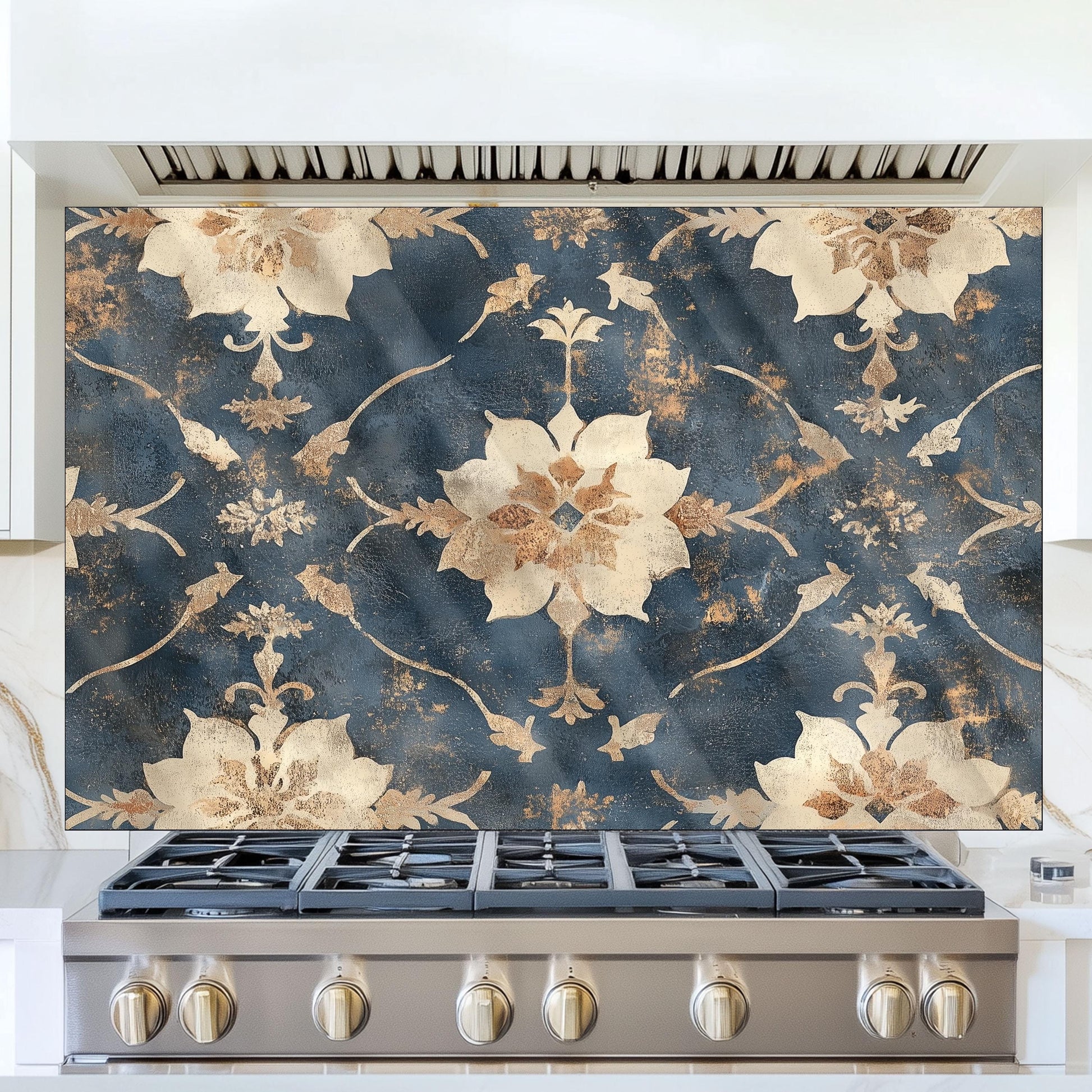 Moroccan Style Glass Backsplash, Blue Geometric Stove Guard, Heat Resistant Easy Clean Kitchen Art