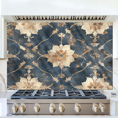Moroccan Style Glass Backsplash, Blue Geometric Stove Guard, Heat Resistant Easy Clean Kitchen Art