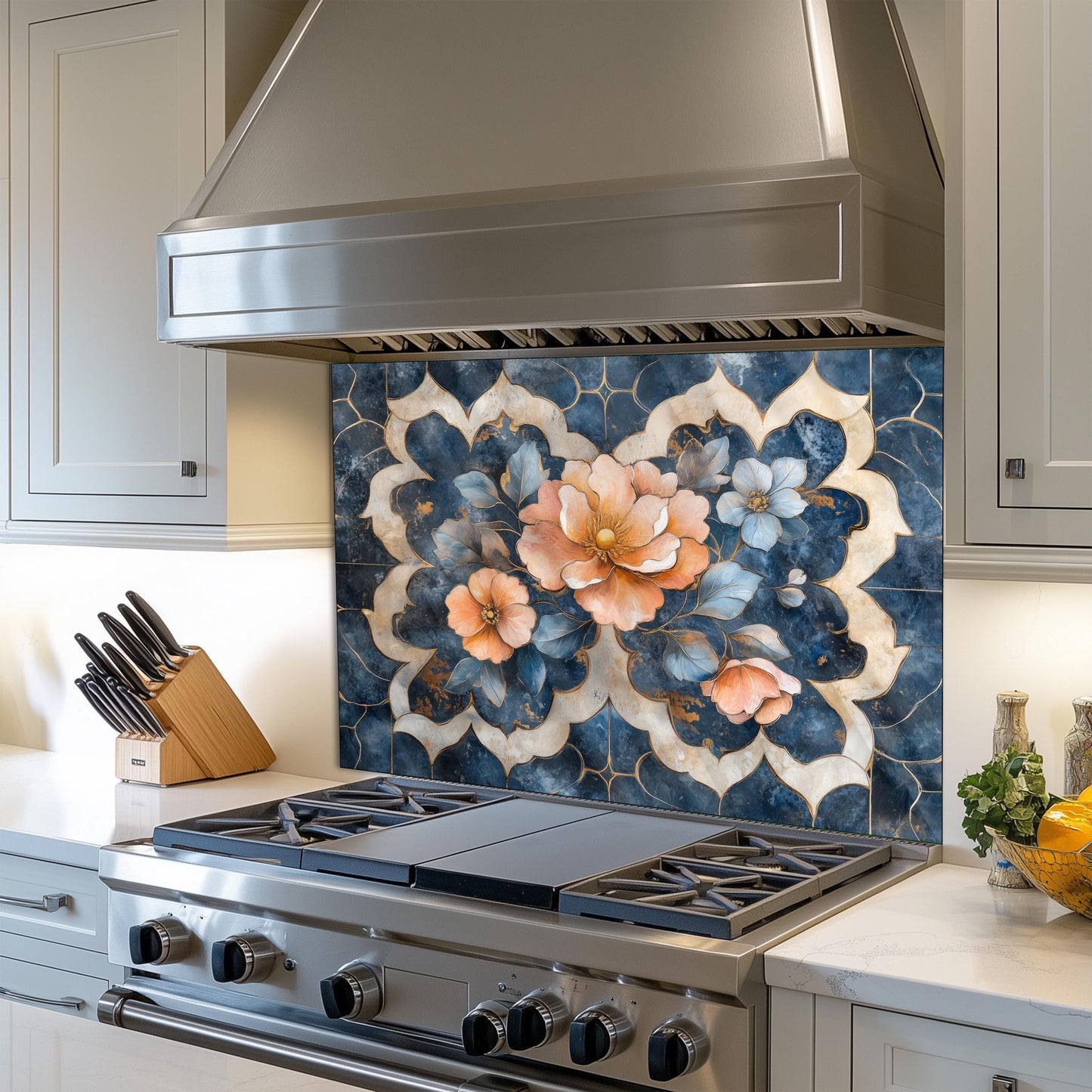 Moroccan Floral Glass Backsplash, Blue Geometric Stove Guard, Heat Resistant Easy Clean Kitchen Art