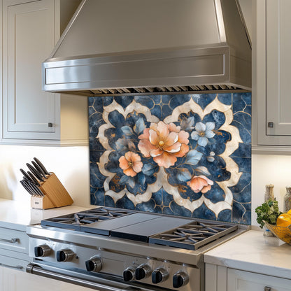 Moroccan Floral Glass Backsplash, Blue Geometric Stove Guard, Heat Resistant Easy Clean Kitchen Art